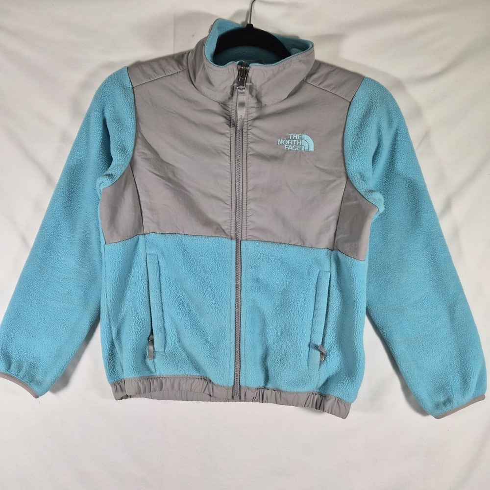 The North Face Girls 7/8 Denali Fleece Jacket Turquoise Blue Gray Full Zip